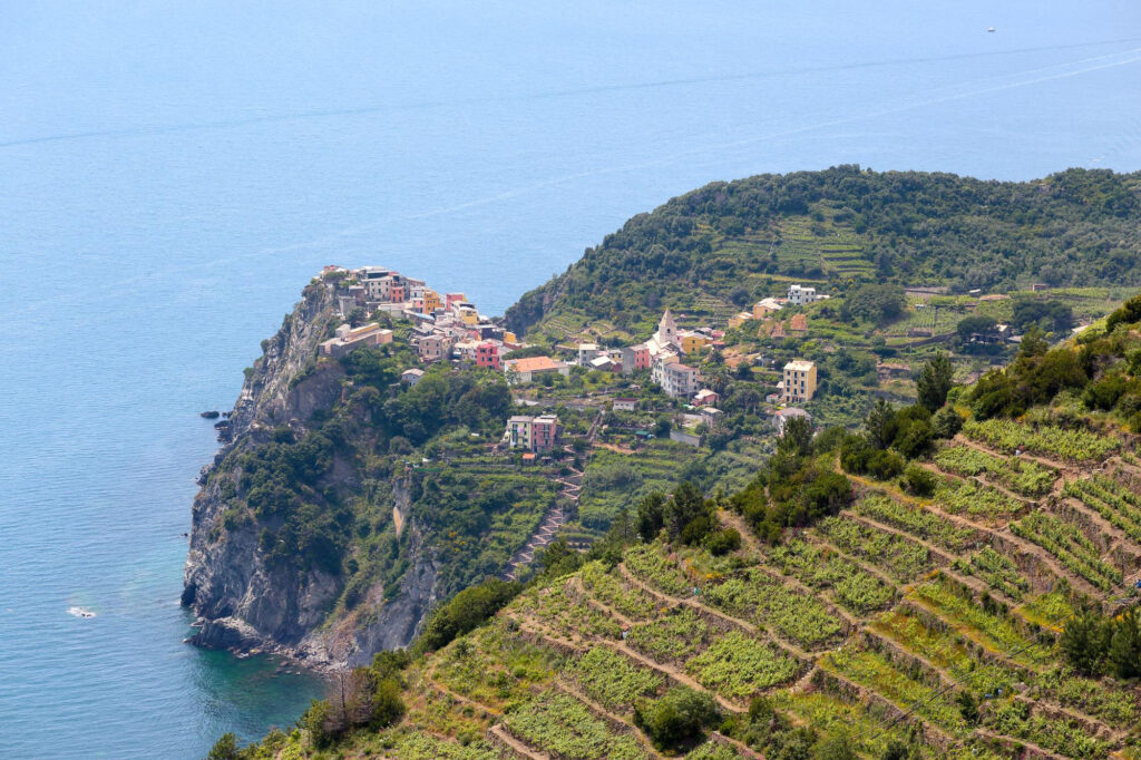 Vista del paese di Corniglia dall'alto, tra rocce e vigneti