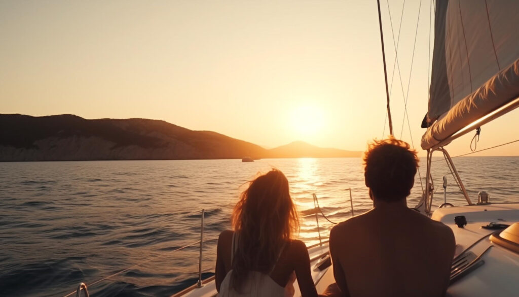 tour in barca a vela al tramonto con una coppia che guarda il panorama