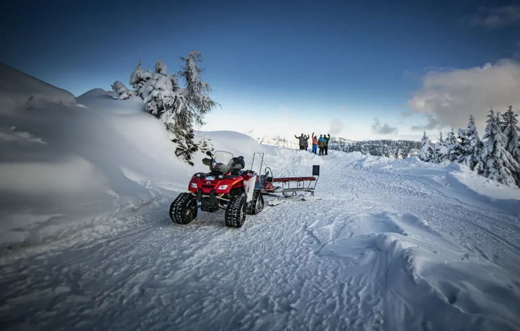Escursione in motoslitta ad Asiago sull’Altopiano, percorso sulla neve tra boschi innevati e panorama di montagna