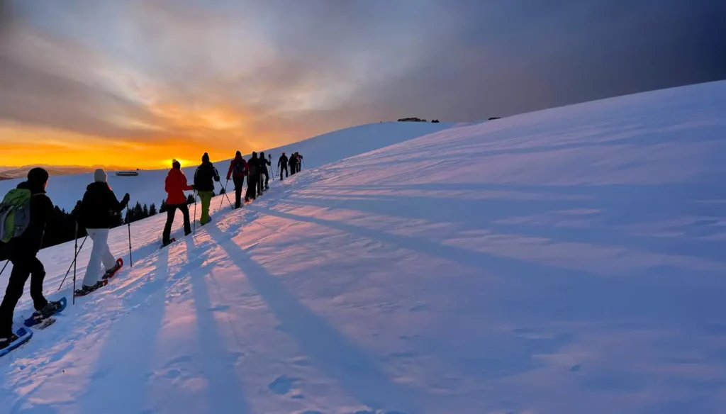 Ciaspolata al tramonto a Montecampione, gruppo in cammino sulla neve con luce dorata e panorami di montagna