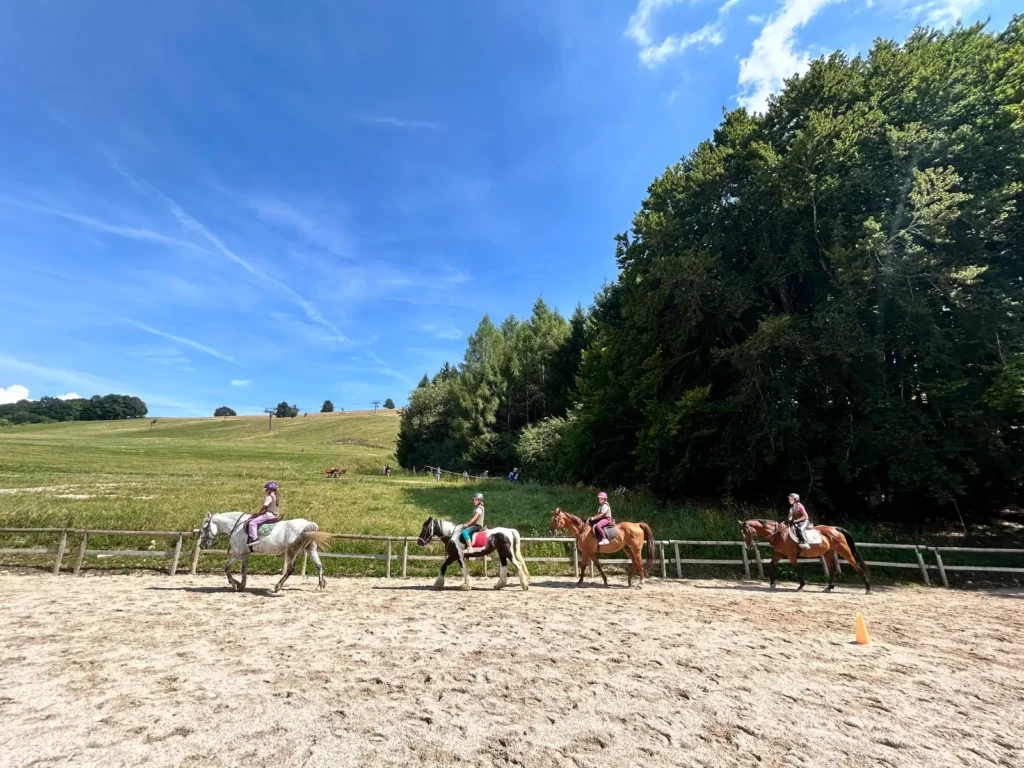 Passeggiata a cavallo sul Monte Baldo in estate, escursione panoramica vista Lago di Garda tra prati e boschi