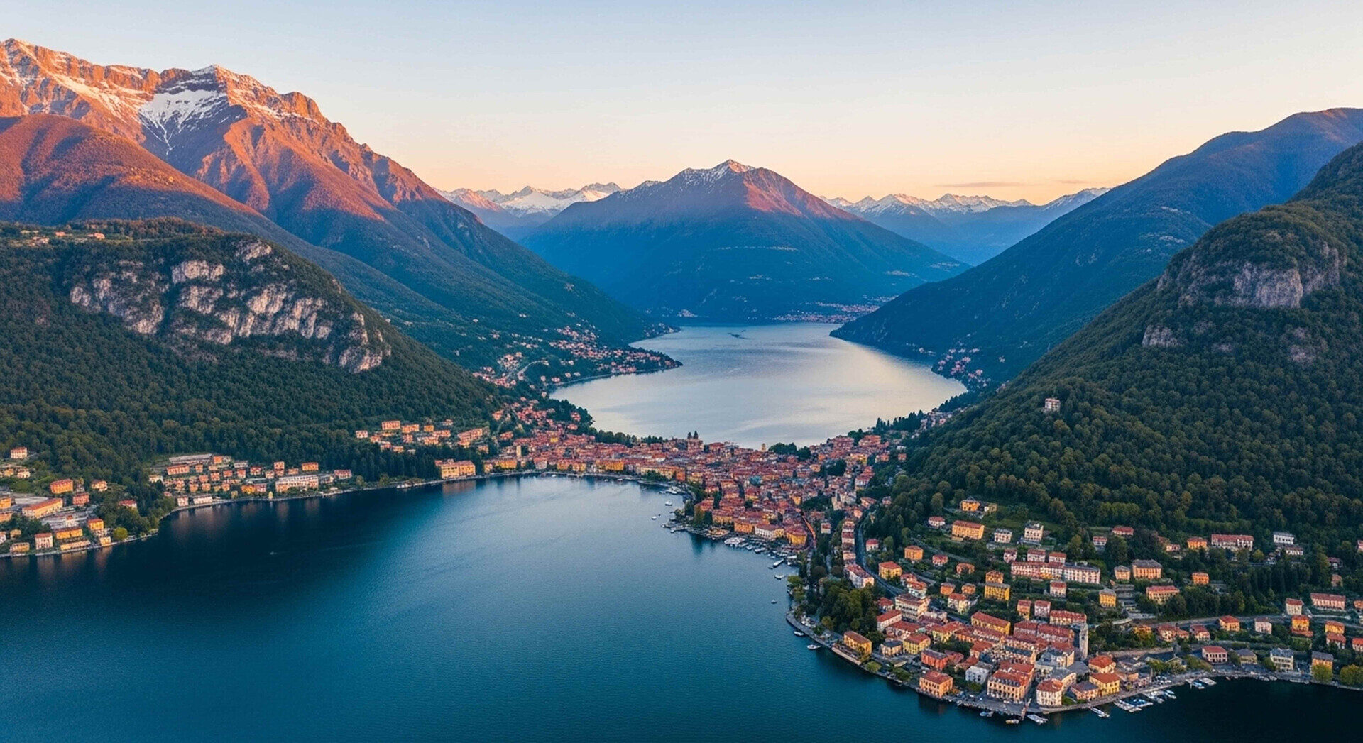 Panorama aereo di Bellagio sul Lago di Como al tramonto, una delle migliori esperienze in Lombardia tra borghi e natura