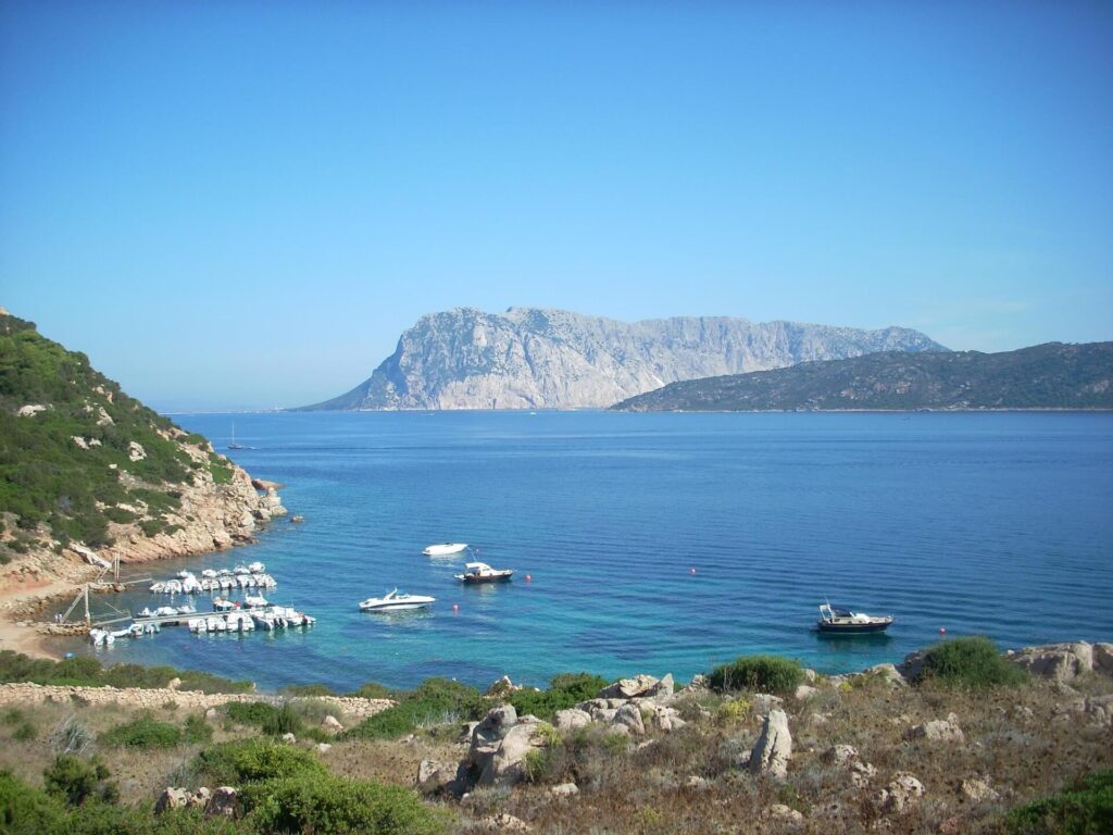 Panorama dell'isola di Tavolara con la sua montagna calcarea e il porticciolo visti dalla costa