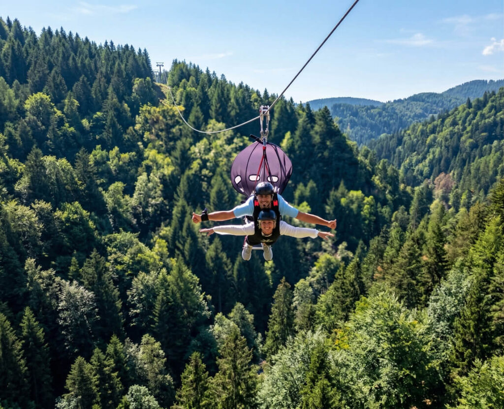 Una coppia vola in tandem sulla zipline ad alta velocità di Rocca Massima nel Lazio, sorvolando un fitto bosco.