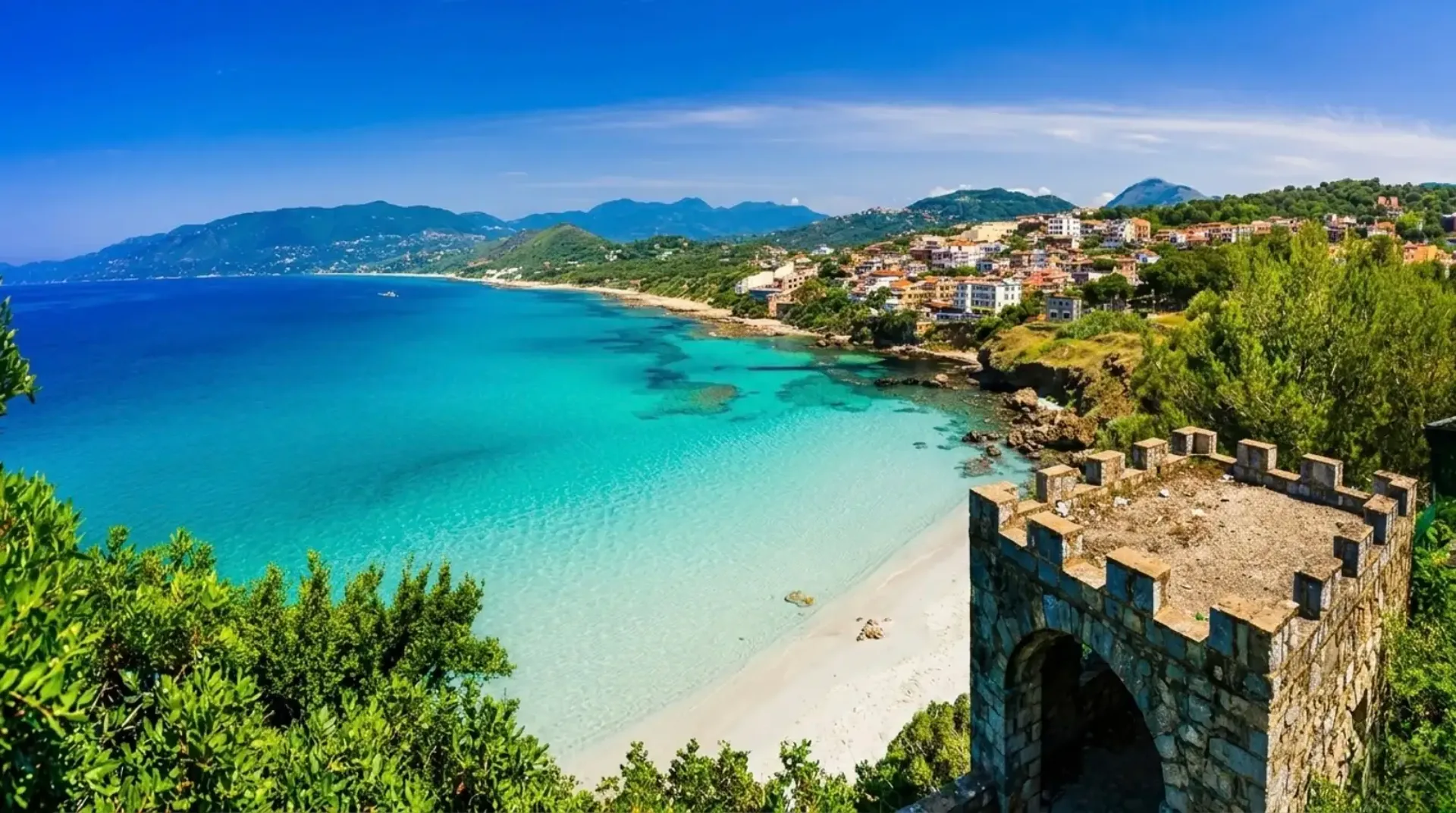 Panorama di Palinuro con mare turchese, spiaggia e torre medievale in primo piano