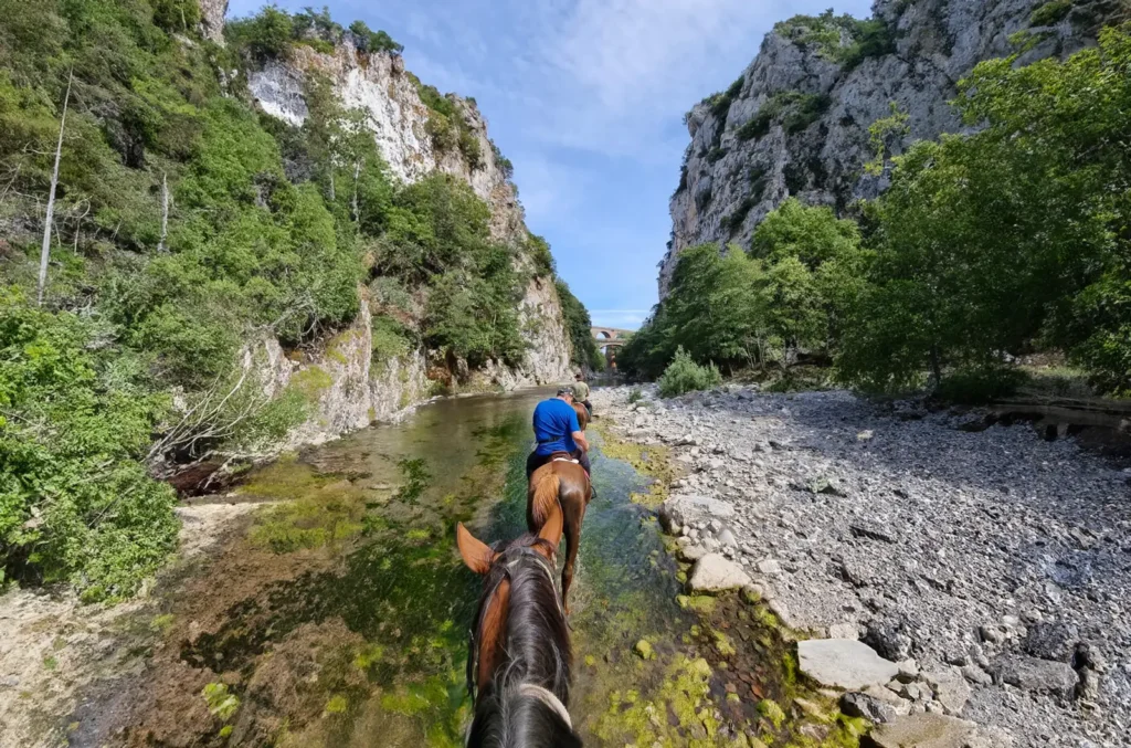 Escursione a cavallo lungo un torrente in una gola rocciosa nei dintorni di Palinuro