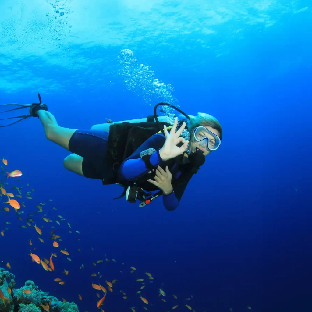Sub con maschera e muta immerso tra coralli e pesci colorati, immersioni Isola d'Elba