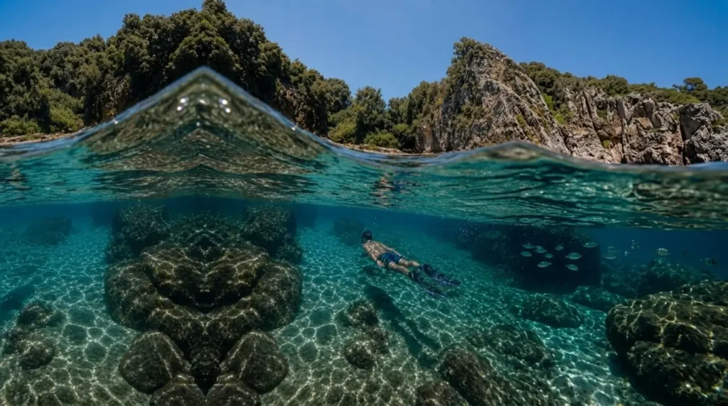 Snorkeling a Palinuro con vista subacquea su fondali rocciosi e pesci nelle acque cristalline