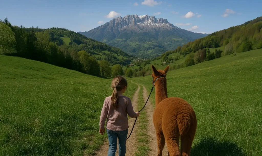 bambina che cammina a fianco di un alpaca in un paesaggio di montagna