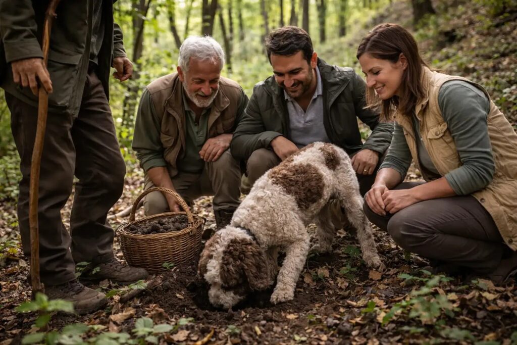 persone che guardano un cane mentre cerca il tartufo